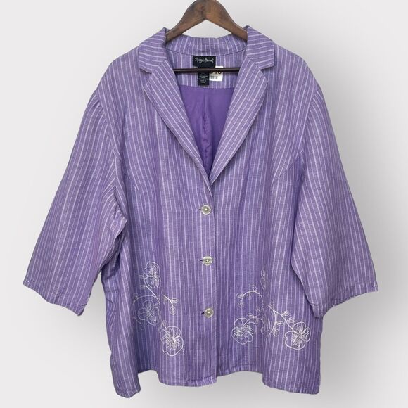 Maggie Barnes Blazer Jacket Women 3X Purple Linen Blend Lined 3/4‎ Sleeve Button - Picture 1 of 12